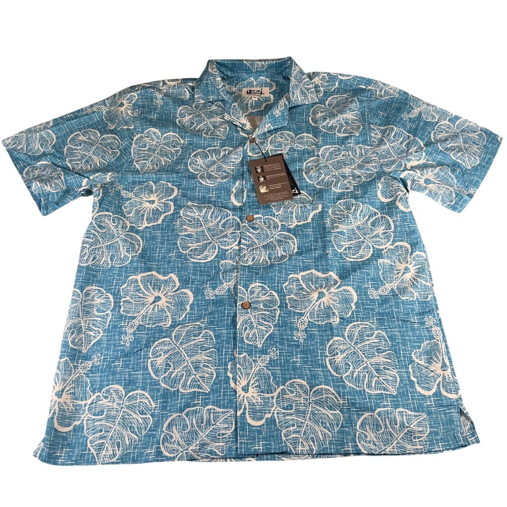 Uzzi Amphibious Gear Mens Aloha Shirt Sky Blue Hibiscus Dri-Fit HP65 Size M‎ NWT
